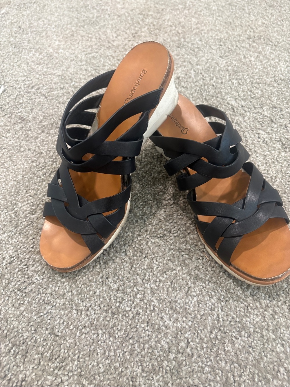 BareTraps Black Woven Wedge Sandals with Tan Footbed